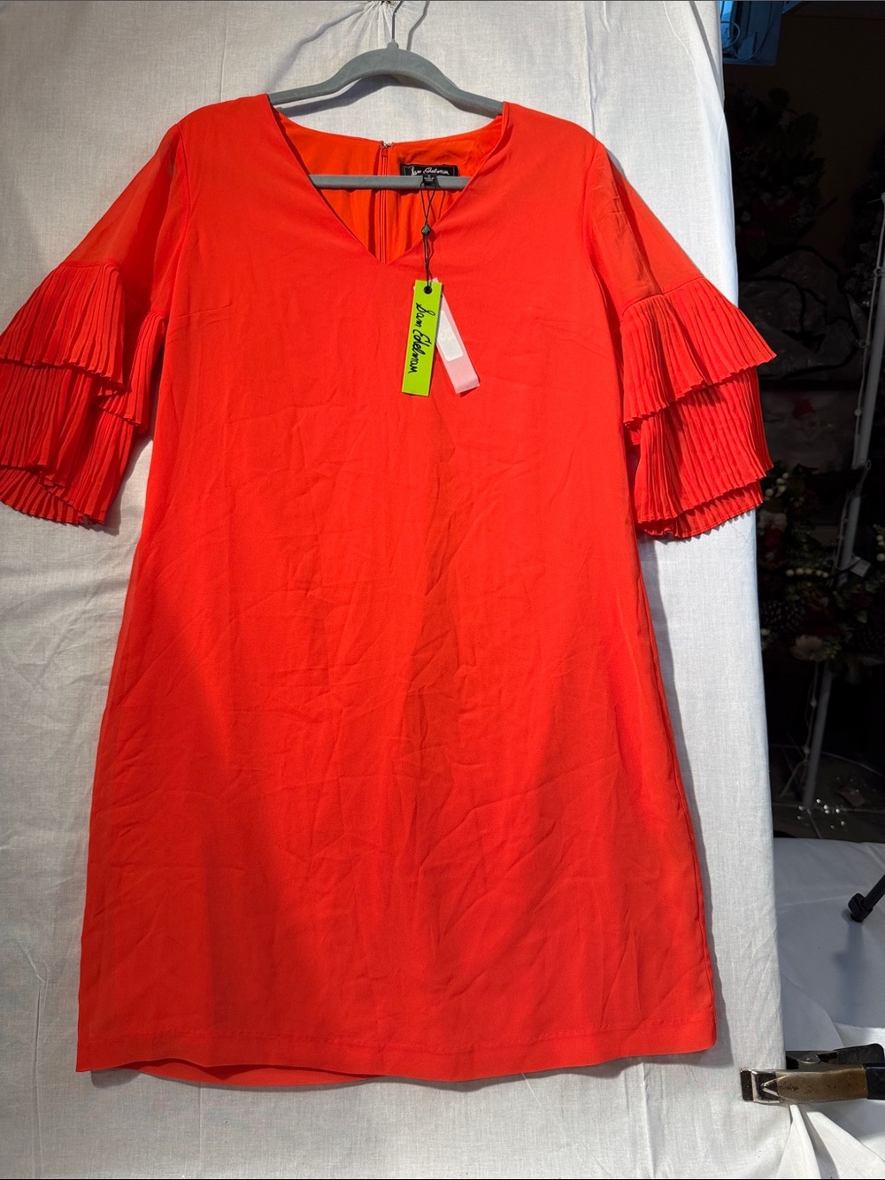 Sam Edelman Bright Red V-Neck Mini Dress with Pleated Tiered Sleeves  size 6 NWT